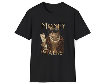 Camiseta Money Talks Cat | Gato com óculos de sol, pérolas e dinheiro