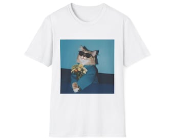 Camiseta Gato Descolado de Óculos de Sol | Retrato Retrô de Gato, Buquê Floral