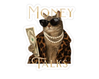 Adesivo recortado Money Talks Cat | Casaco de oncinha, óculos de sol, colar de pérolas