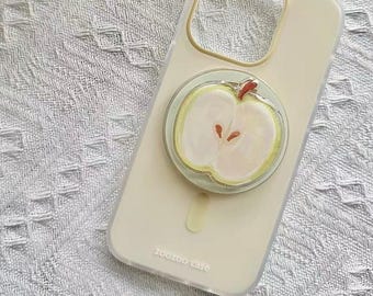 SemiTransparent Cream Magnetic Phone Case with 3D Apple Slice Magnetic Stand Lace Pattern Design,MagSafe Compatible for iPhone15/16/17ProMax