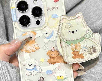 Puppy Theme Healing Adorable Cartoon Dog Phone Case with Matching 3D ScarfWearing Magnetic Stand MagSafe Compatible for iPhone15/16/17ProMax