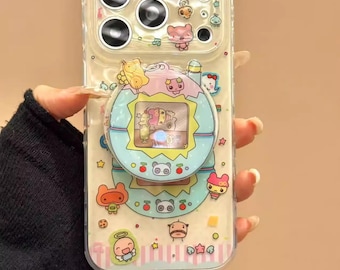 MagSafe Case for iPhone 15 Pro Max, Clear Tamagotchi Design with Cartoon Stickers  Magnetic Pet Stand, Also for iPhone 16 / 17 Pro Max