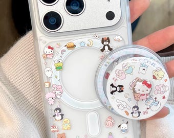 MagSafe Clear Phone Case with Hello Kitty Sanrio Friends Cartoon Design Matching Round Magnetic Stand,Compatible with iPhone 15/16/17 ProMax