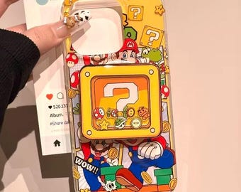 Cartoon Yellow Mario Gaming Theme Phone Case with Question Mark Block Magnetic Stand Kit, MagSafe Compatible, for iPhone 17/16/15 Pro Max,