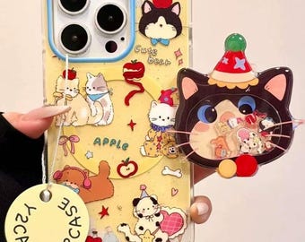 Adventure Cat  Friends Cartoon Theme MagSafe Clear Case with Blue Edge and Detachable Cat Charm, Compatible with iPhone 15/16/17 Pro Max