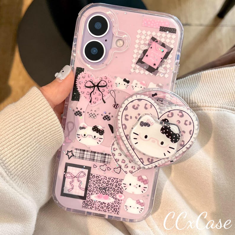 Dreamy Purple Pink Hello Kitty Clear Magnetic Phone Case Leopard Print Heart Air Cushion Stand,MagSafe Compatible for iPhone 15/16/17 ProMax Magnetic Case + Grip