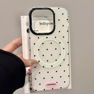 MagSafe Compatible for iPhone 15/16/17 ProMax Black Polka Dot Clear Magnetic Phone Case with Hello Kitty Hugging Bear Detachable Patch, Magnetic Case Only