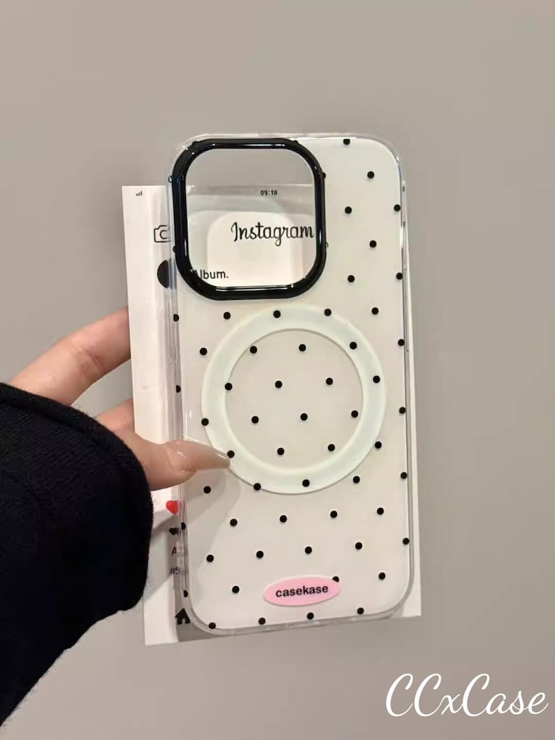 MagSafe Compatible for iPhone 15/16/17 ProMax Black Polka Dot Clear Magnetic Phone Case with Hello Kitty Hugging Bear Detachable Patch, Magnetic Case Only
