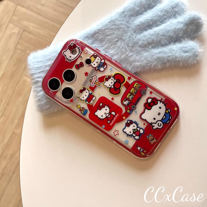 MagSafe Clear Phone Case Hello Kitty Cherry Bus Theme, Red White Cartoon Design Matching PopSocket, Compatible with iPhone 15/16/17 Pro Max Magnetic Case Only