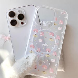 May include: A clear phone case with a pattern of cartoon characters in pink, yellow, and white. The case is shown with a white phone. The text "CCxCase" is visible in the bottom right corner.