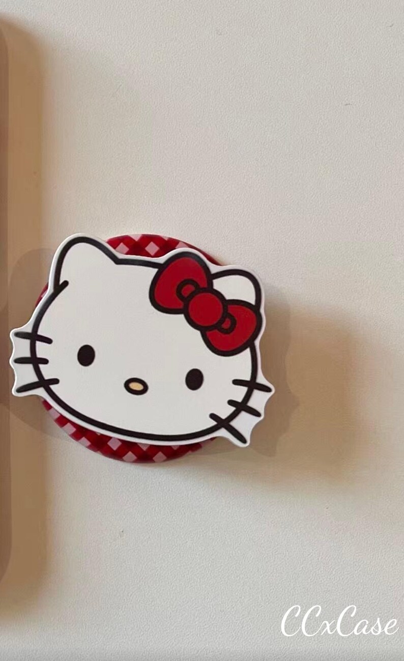 MagSafe Clear Phone Case Hello Kitty Cherry Bus Theme, Red White Cartoon Design Matching PopSocket, Compatible with iPhone 15/16/17 Pro Max Magnetic Grip Only