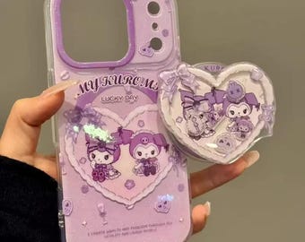 Kuromi Theme Glitter Transparent Magnetic Phone Case with Heart-shaped Stand Set MagSafe Compatible for iPhone 15/16/17 Pro Max KUROMI LUCKY