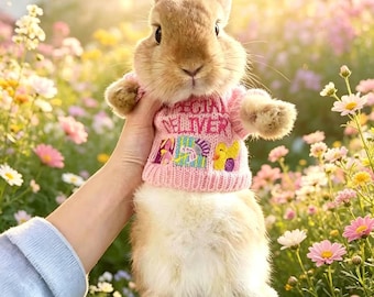 Maglioncino in miniatura per coniglietti e piccoli animali - Consegna speciale Tiny Knitwear - Simpatico vestito per bambole, accessorio fotografico, completo rosa e blu