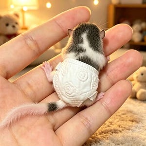 Op de afbeelding: Een klein knaagdier met een zwart-wit patroon op de rug en een lange staart, met een witte luier met een bloemenmotief. Het knaagdier wordt in de hand van een persoon gehouden.