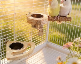 Percha de madera natural con cuenco de acero inoxidable / Comedero 2 en 1 para jaula / Plataforma de ramas de corteza para periquitos, agapornis y cacatúas.