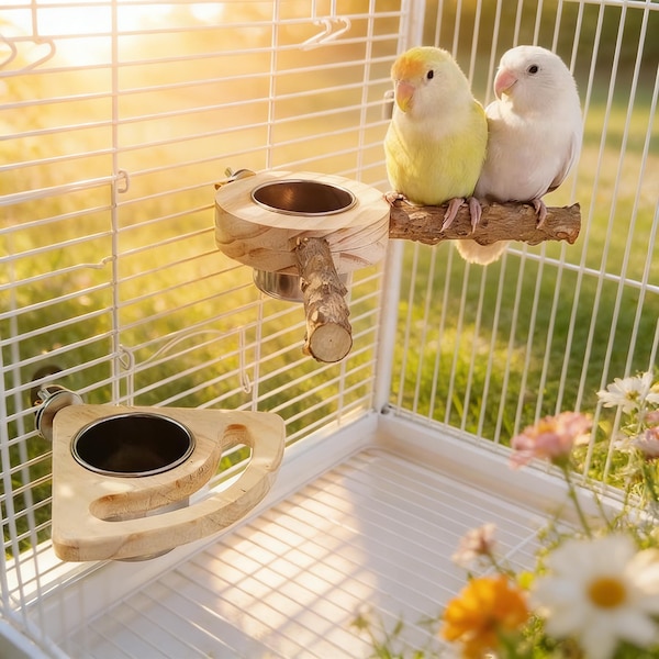Natural Wood Bird Perch with Stainless Steel Bowl | 2-in-1 Bird Feeder Station for Cage | Bark Branch Platform for Budgie Lovebird Cockatiel