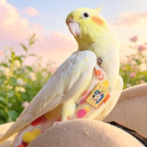 May include: A yellow cockatiel with orange cheek patches and a small harness. The harness has a colorful design with a cartoon dog. The bird is perched outdoors with a soft focus background of flowers and sky.