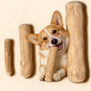 Puede incluir: Un perro Corgi juguetón con pelaje marrón y blanco muerde un juguete de madera. El perro está rodeado de tres postes de madera. El fondo es de color beige liso. El perro sostiene uno de los postes de madera en la boca.