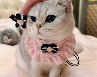 Luxury Tweed Pet Beret and Ruffled Bib Set, Elegant Pink Cat Hat with Pearl Bow, Vintage Style Pet Accessories for Weddings & Photoshoots