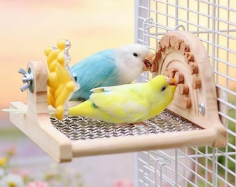 Plataforma de actividades 3 en 1 para aves / Muro de búsqueda de alimento para periquitos y noria giratoria / Percha de malla para jaula de cacatúas y agapornis / 8x6.5"