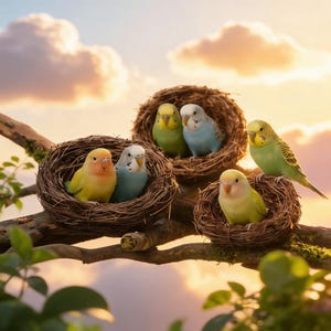 Può includere: Cinque piccoli uccelli, tra cui cocorite e inseparabili gialli, blu e verdi, sono appollaiati in tre nidi di ramoscelli intrecciati su un ramo d'albero. La scena è ambientata contro un cielo dai toni caldi e dorati con nuvole sparse.