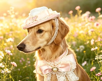 Set di lusso vintage con berretto e fiocco in pizzo per animali domestici, elegante cappellino per gatti e collare di perle, accessori per servizi fotografici per cani in stile parigino, accessori per matrimoni con animali domestici