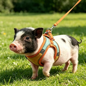 May include: A small piglet with black and white patches wearing a teal and orange harness with a matching orange leash attached to a metal D-ring. The harness features reflective grey strips and adjustable straps, securing around the torso.