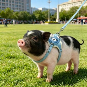 Könnte beinhalten: Ein kleines Schwein mit schwarz-weißen Flecken, das ein hellblaues Geschirr und eine Leine trägt. Das Geschirr hat ein blaues Bärenmuster. Das Schwein steht auf grünem Gras in einem Park.