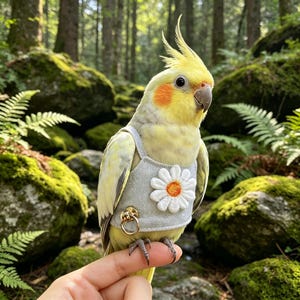 Può includere: Un cacatua giallo che indossa un'imbracatura grigio chiaro con un'applicazione a margherita bianca e un anello color oro. L'uccello ha macchie arancioni sulle guance e una cresta gialla. Lo sfondo presenta rocce e alberi coperti di muschio verde.
