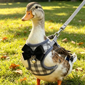 May include: A domestic duck wearing a gray and white plaid harness with a black bow tie and a leash. The duck has brown, white, and gray feathers and an orange beak and feet. The background is green grass.