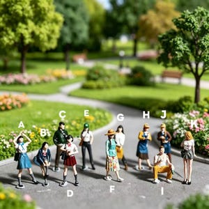 May include: A collection of eleven miniature plastic figurines labeled A through K, depicting various people in casual attire. The figures are standing or sitting on a gray path, each wearing distinct clothing including skirts, pants, and hats.