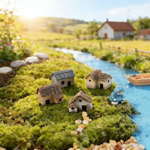 May include: Miniature fairy garden scene with several small houses with thatched and tiled roofs, set on a bed of green moss. A small blue figurine is near a miniature stream, with a boat. The background shows a sunny landscape.