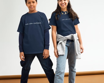 Youth "Calm Confident" Graphic Tee, Motivational Kids Shirt - Black, Navy, Blue