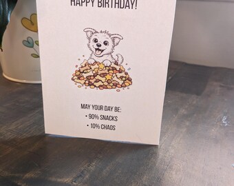 Snacks & Chaos Birthday Card- Blank Inside | Funny Dog Lover Birthday Printable