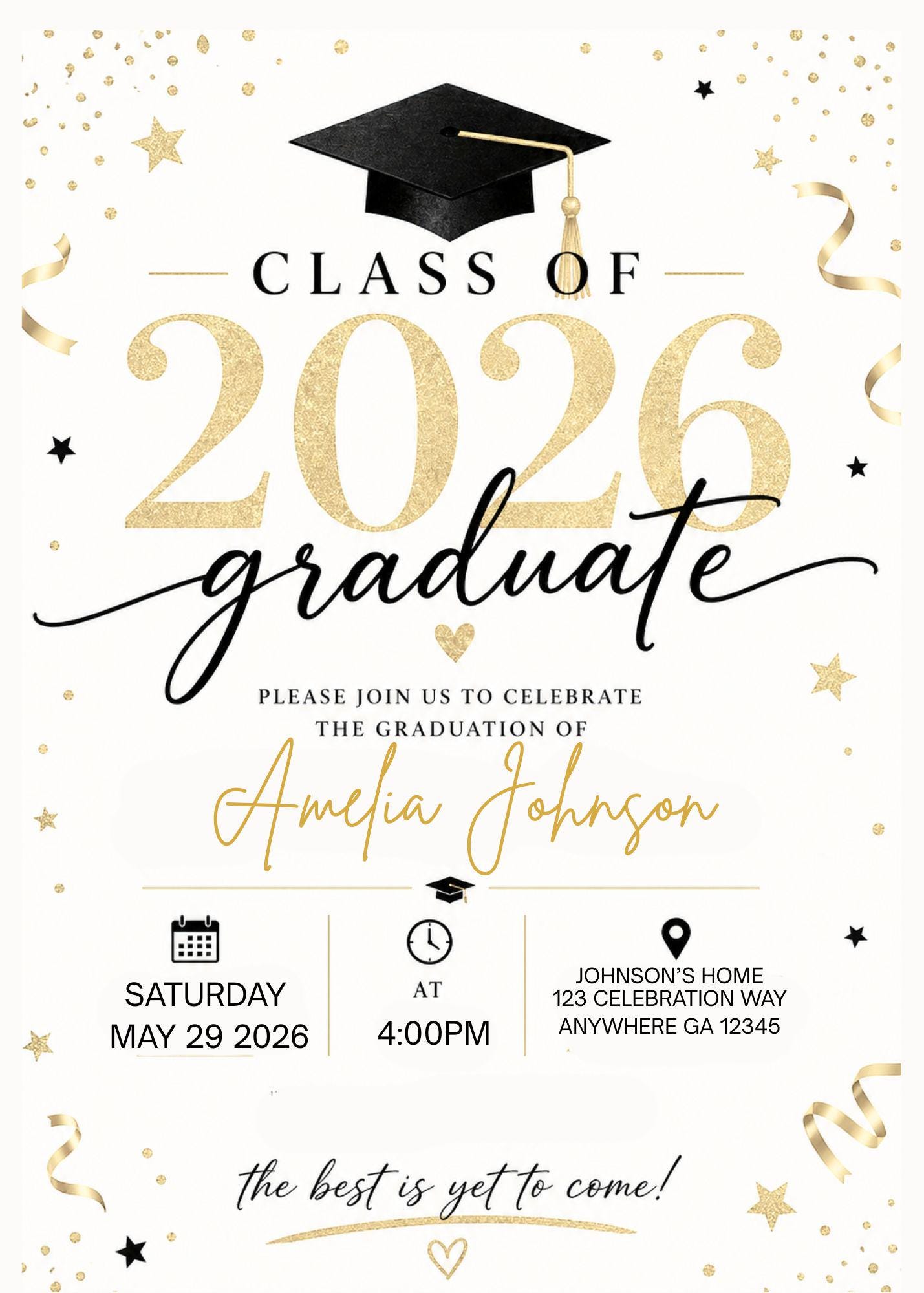 Class of 2026 Graduation Invitation | Black Gold Grad Party Invite ...