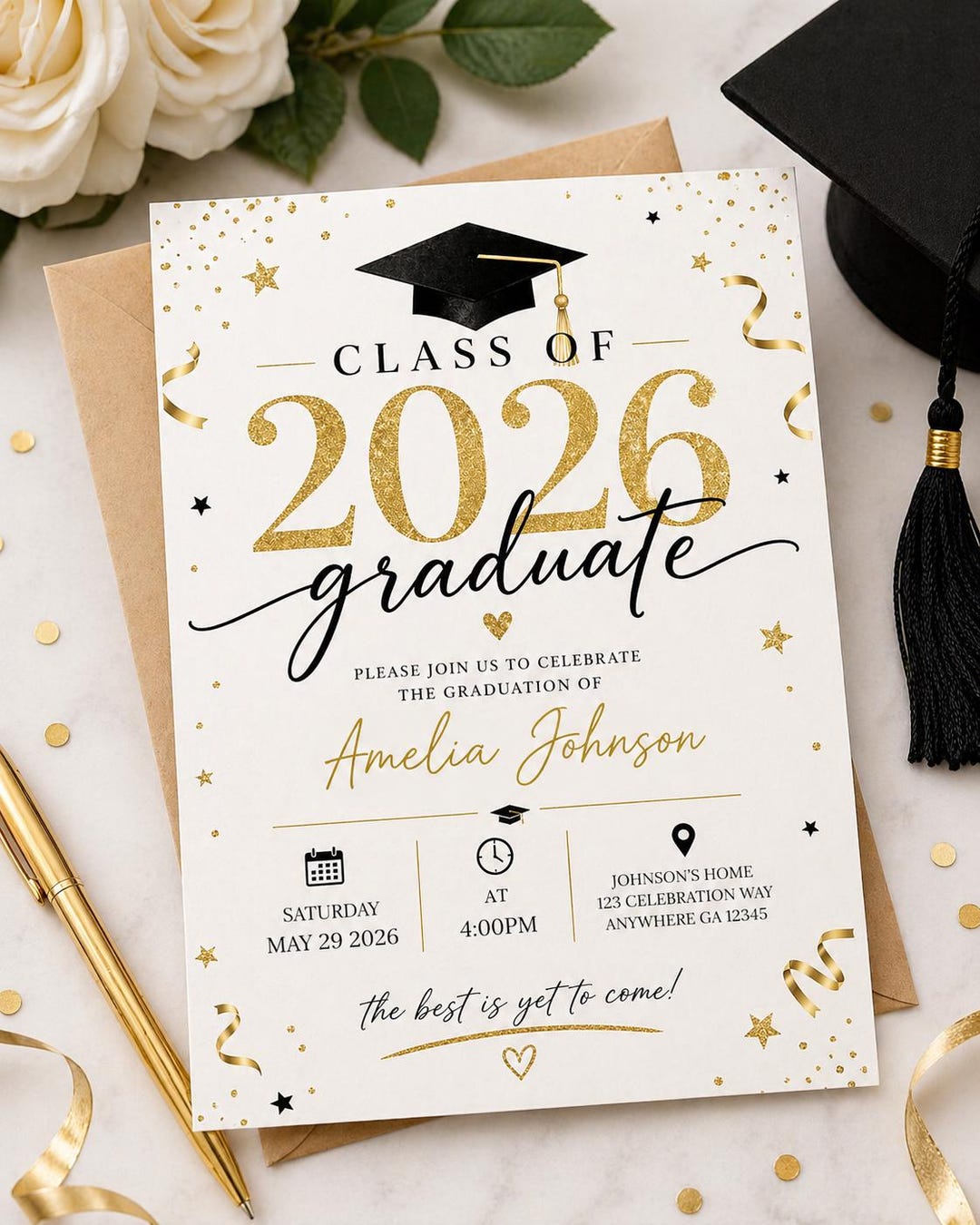Class of 2026 Graduation Invitation | Black Gold Grad Party Invite ...