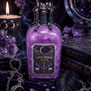 May include: A purple glass bottle with a black stopper and a label that reads "LUNAR SHADOW ELIXIR". The bottle is surrounded by other mystical items, including a candle, books, and jewelry. The overall theme is mystical and magical.
