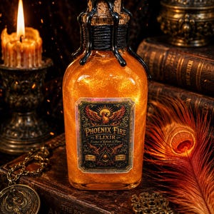 May include: A decorative glass bottle filled with a shimmering orange liquid, labeled "Phoenix Fire Elixir." The bottle has a black wax seal and is surrounded by antique books, a candle, and a peacock feather. The label features a phoenix design.