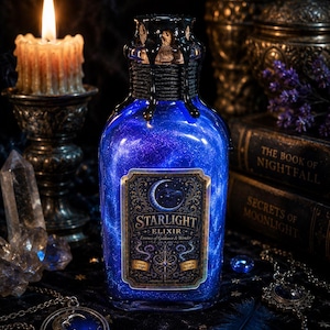 May include: A glass bottle filled with a shimmering blue liquid, sealed with a cork and black wax. The label reads Starlight Elixir, Essence of Guidance & Wonder, Dream by Night, Shine by Light. The bottle features a dark, swirling galaxy-like interior.
