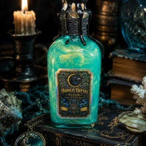 May include: A teal glass bottle with a black wax seal and a cork stopper. The bottle contains a shimmering, glittery liquid and a label that reads "Moonlit Depths Elixir." The bottle is placed on a vintage book with the words "Oceanic Legends."