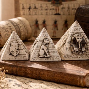 May include: Three small, off-white pyramid figurines with hieroglyphic carvings and relief details of Egyptian figures. The pyramids are arranged on a wooden surface, evoking an ancient Egyptian theme.