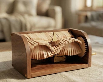 Hand Crank Wooden Sailboat Music Box, Kinetic Automata Desk Sculpture