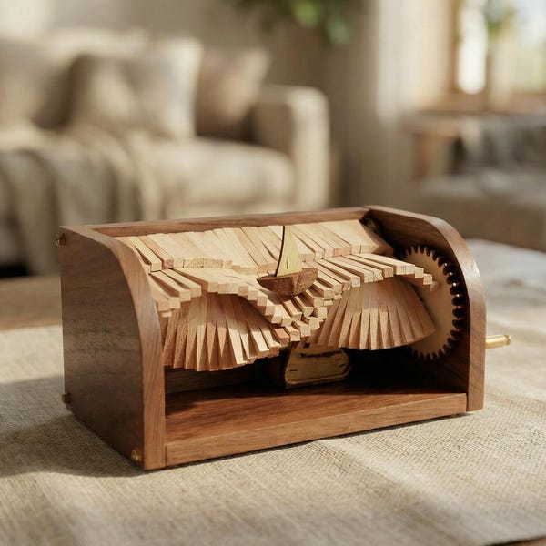 Hand Crank Wooden Sailboat Music Box, Kinetic Automata Desk Sculpture