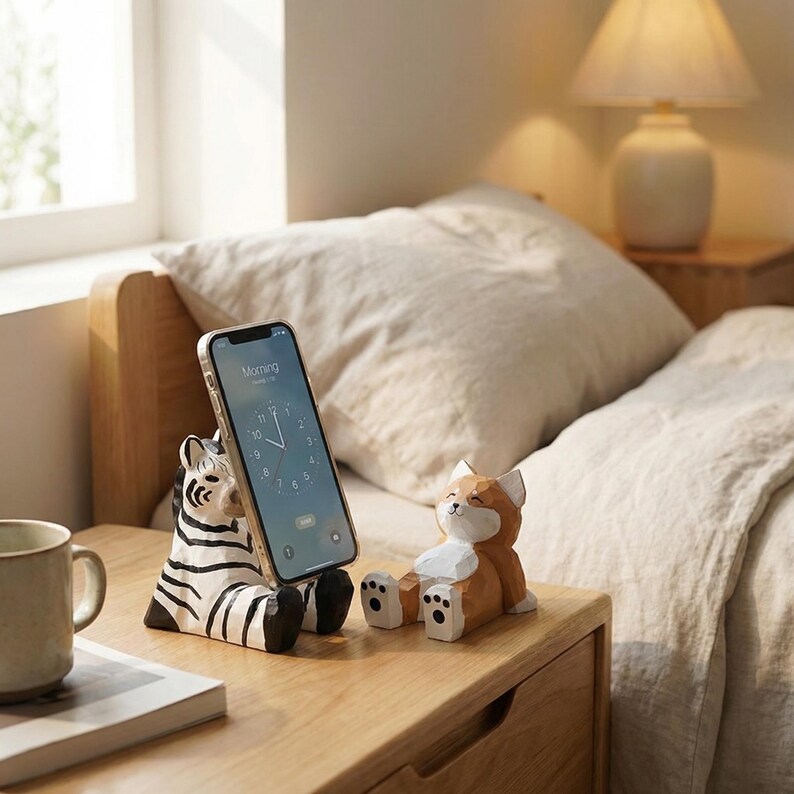 May include: A wooden phone holder shaped like a zebra with black and white stripes, holding a smartphone displaying the time. A wooden fox figurine sits nearby. The phone displays the word "Morning". The items are on a wooden nightstand.