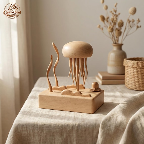 A hand-carved wooden jellyfish that ripples and moves like it's floating through water — kinetic automata sculpture that feels genuinely magical in person.