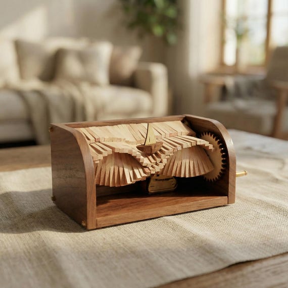 A hand-cranked wooden automaton where a sailboat actually moves to music — mechanical folk art and music box in one tiny desktop spectacle.