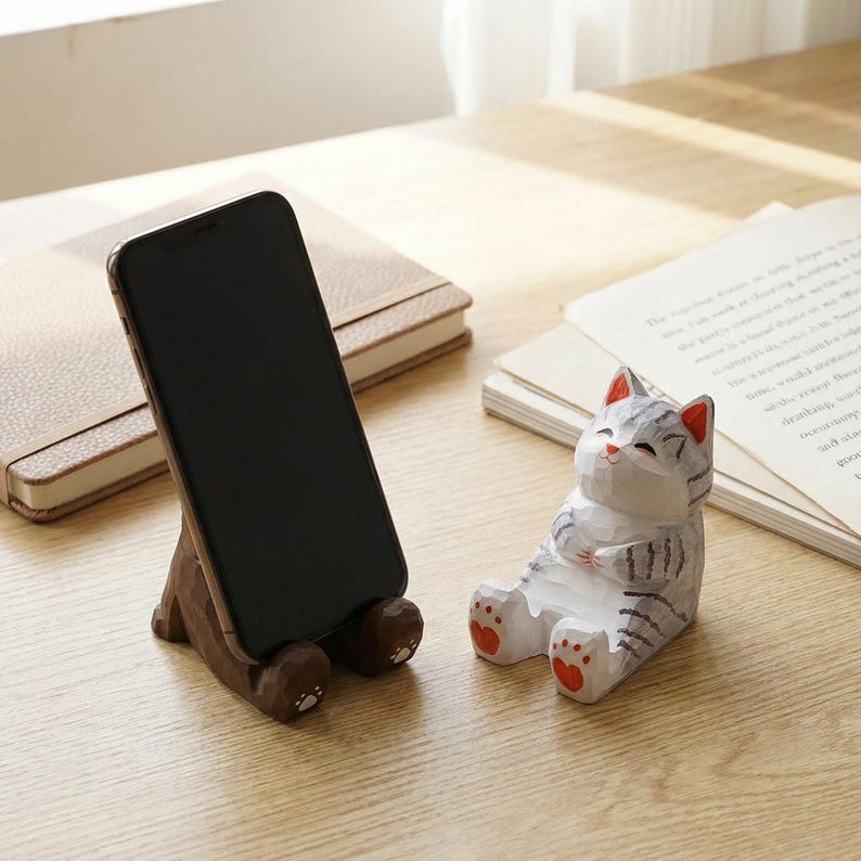 Hand Carved Wooden Phone Stand, Animal Smartphone Holder, Desk Dock Gray Cat