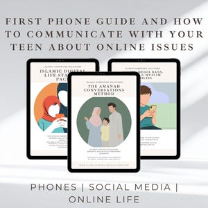 Op de afbeelding: Drie zwarte tablets met gidsen over online veiligheid voor tieners. De middelste tablet toont een familie-illustratie in een groene cirkel. Bovenin staat de tekst "FIRST PHONE GUIDE AND HOW TO COMMUNICATE WITH YOUR TEEN ABOUT ONLINE ISSUES."