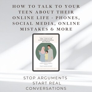May include: A tablet showing a book cover with a family illustration within a green circle. The text on the tablet reads "HOW TO TALK TO YOUR TEEN ABOUT THEIR ONLINE LIFE - PHONES, SOCIAL MEDIA, ONLINE MISTAKES & MORE". Below, it says "STOP ARGUMENTS START REAL CONVERSATIONS".