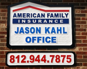 American Family Insurance - Large 30" x 34" Business / Office Exterior Wall Sign with Carved Logo and Lettering, Textured Background Wood